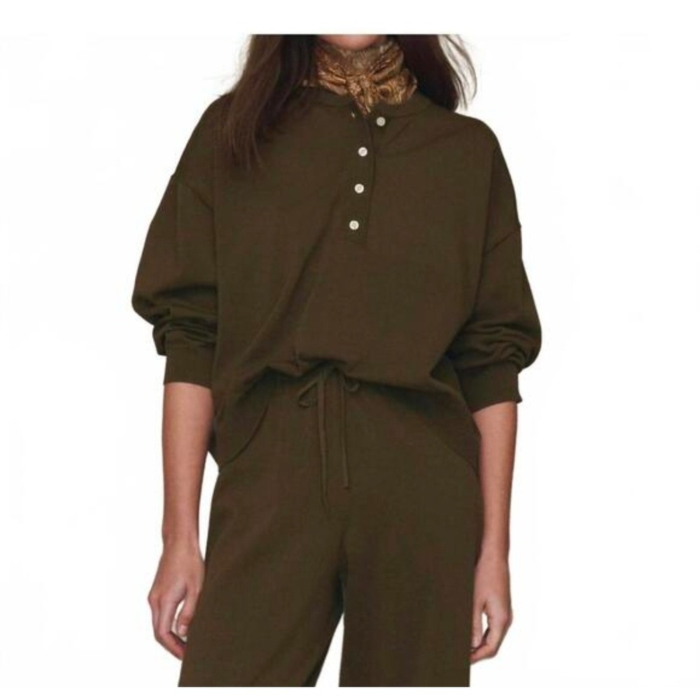 The Great Womens Henley Sweater Olive Brown 100% Cotton Knit Size 0 XS S Relaxed